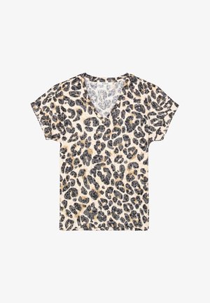 Leopard print t-shirt with a V-neck, featuring a light beige base and black, gray, and gold spots. Soft fabric with short sleeves.