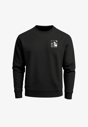 Black sweatshirt with long sleeves, crew neck, and ribbed cuffs. Features a mountain graphic and "viva la monte" text in white. Soft texture.