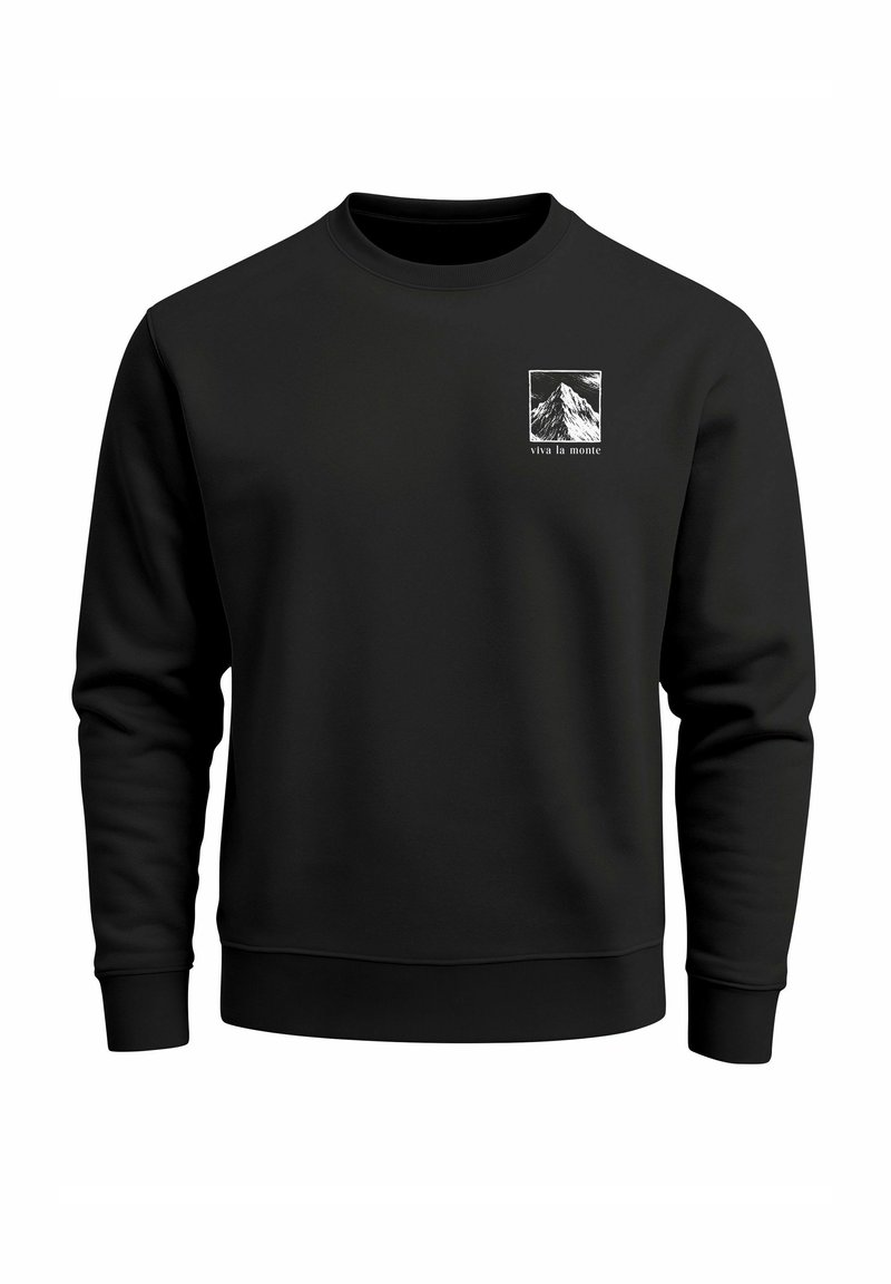 Schwarzer Pullover mit langen Ärmeln, Rundhalsausschnitt und gerippten Bündchen. Mit einem Bergmotiv und dem Schriftzug "viva la monte" in Weiß. Weiche Textur.