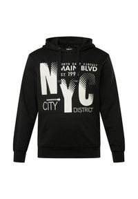 Felpa nera con cappuccio e tasca frontale a marsupio. Presenta un grande testo grafico bianco con le parole "NYC", "CITY" e "DISTRICT" decorate con accenti a punti. Tessuto in cotone misto.