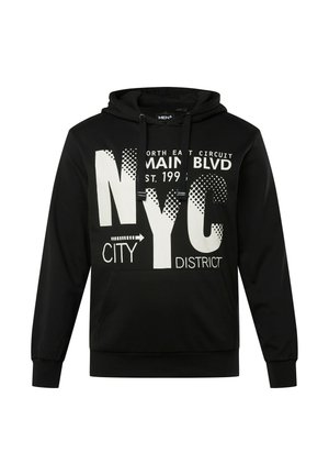 Black hoodie with a front kangaroo pocket. Features large white graphic text "NYC," "CITY," and "DISTRICT" with dotted accents. Cotton blend texture.