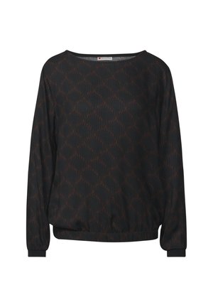 Black long-sleeve top with a textured diamond pattern in dark red, scoop neck, and elasticized cuffs and hem. Made from lightweight fabric.