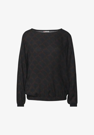 Haut noir à manches longues avec un motif en losange texturé de couleur rouge foncé, encolure arrondie, et poignets et ourlet élastiqués. Fabriqué en tissu léger.