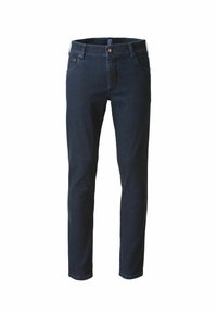 Donkerblauwe slim-fit jeans met eenzijdige zakken, riemlussen en een knoopsluiting, gepresenteerd op een witte achtergrond.