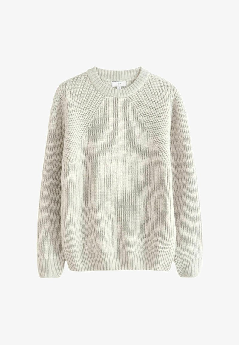 Hellgrauer Strickpullover mit gerippter Textur, Rundhalsausschnitt und Raglanärmeln. Hat eine lockere Passform sowie elastische Bündchen und Saum.