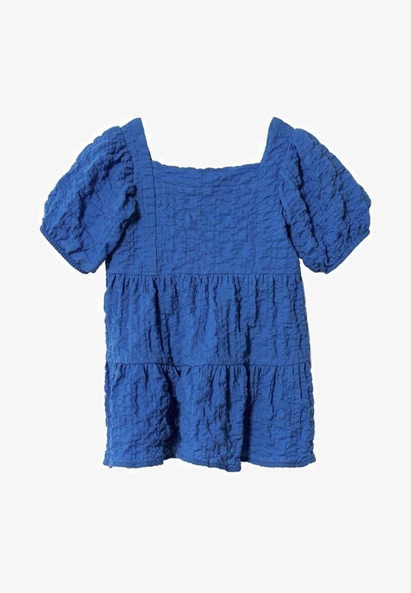 Modrý strukturovaný top s čtvercovým výstřihem, krátkými nabíranými rukávy a vrstveným designem. Vyrobený z lehké, mačkané tkaniny.