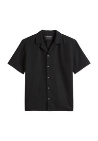 Zwarte shirt met korte mouwen, kraag, knopen aan de voorkant, textuur stof en subtiel patroon. Geschikt voor casual draag.