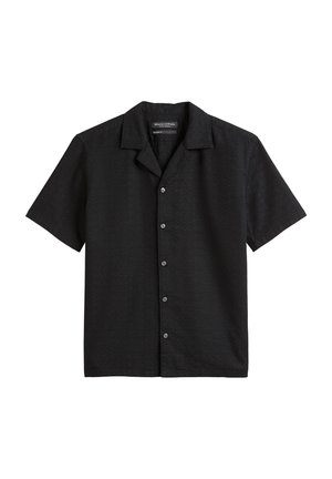Short-sleeve black shirt with a collared neck, button front, textured fabric, and subtle pattern. Suitable for casual wear.