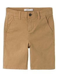 Pantaloni corti color khaki realizzati in materiale misto cotone, dotati di chiusura con bottone, passanti per cintura, due tasche frontali e orlo semplice.
