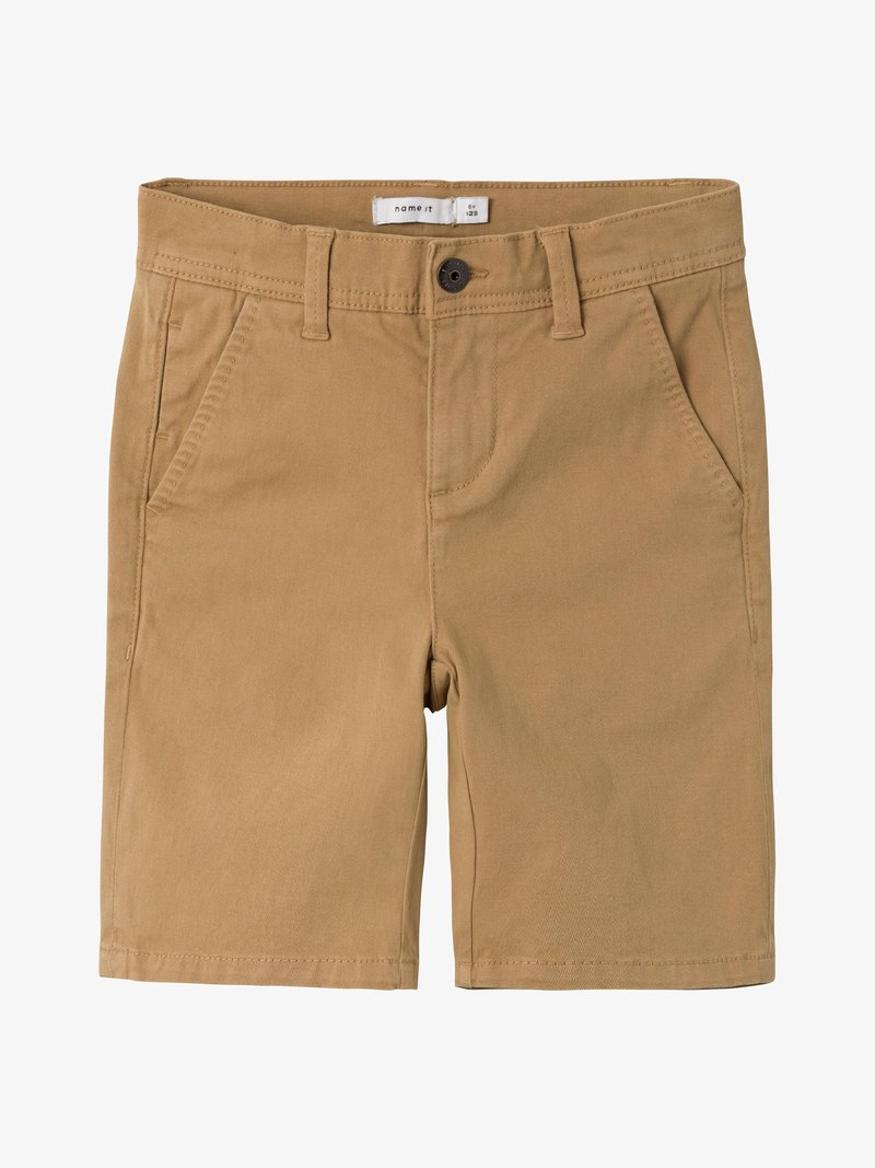 Shorts kaki en tissu mélangé de coton, dotés d'une fermeture à bouton, de passants de ceinture, de deux poches avant et d'un ourlet simple.