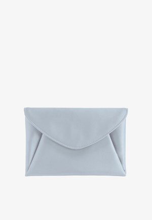 Lichtblauwe clutch in envelopstijl met een gladde textuur en een driehoekige klepsluiting, weergegeven tegen een witte achtergrond.