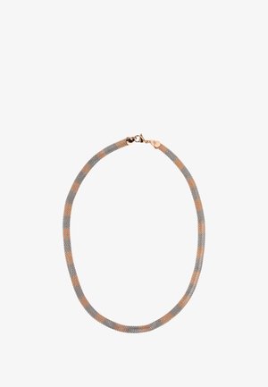 Värdenett i grått och roséguld, med en slät yta, rund form och ett metallspänne med en säker stängningsdetalj.