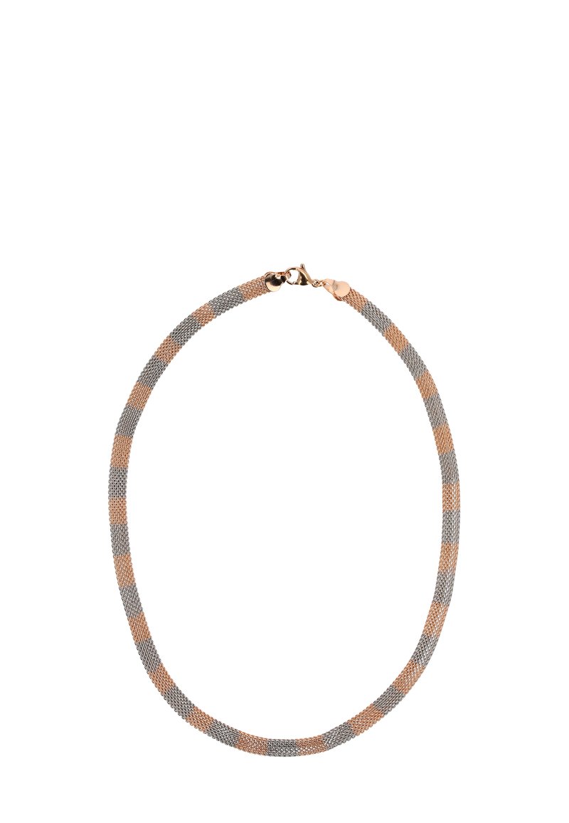 Szürke és rózsaarany fonott nyaklánc, sima felülettel, kerek formával és fém kapoccsal, amely biztonságos záródással rendelkezik.
