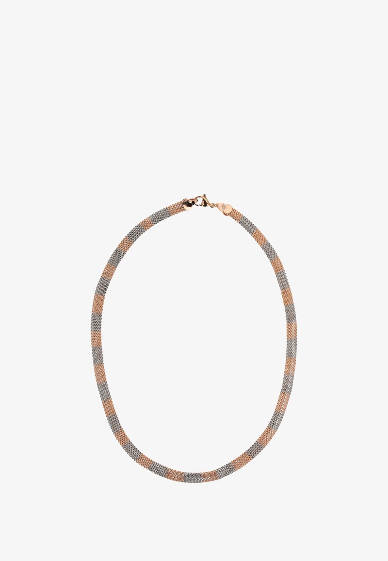 Szürke és rózsaarany fonott nyaklánc, sima felülettel, kerek formával és fém kapoccsal, amely biztonságos záródással rendelkezik.