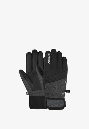 Schwarze und graue isolierte Handschuhe mit einer strukturierten Oberfläche, Lederhandfläche, elastischem Handgelenk und Branding auf der Rückseite.