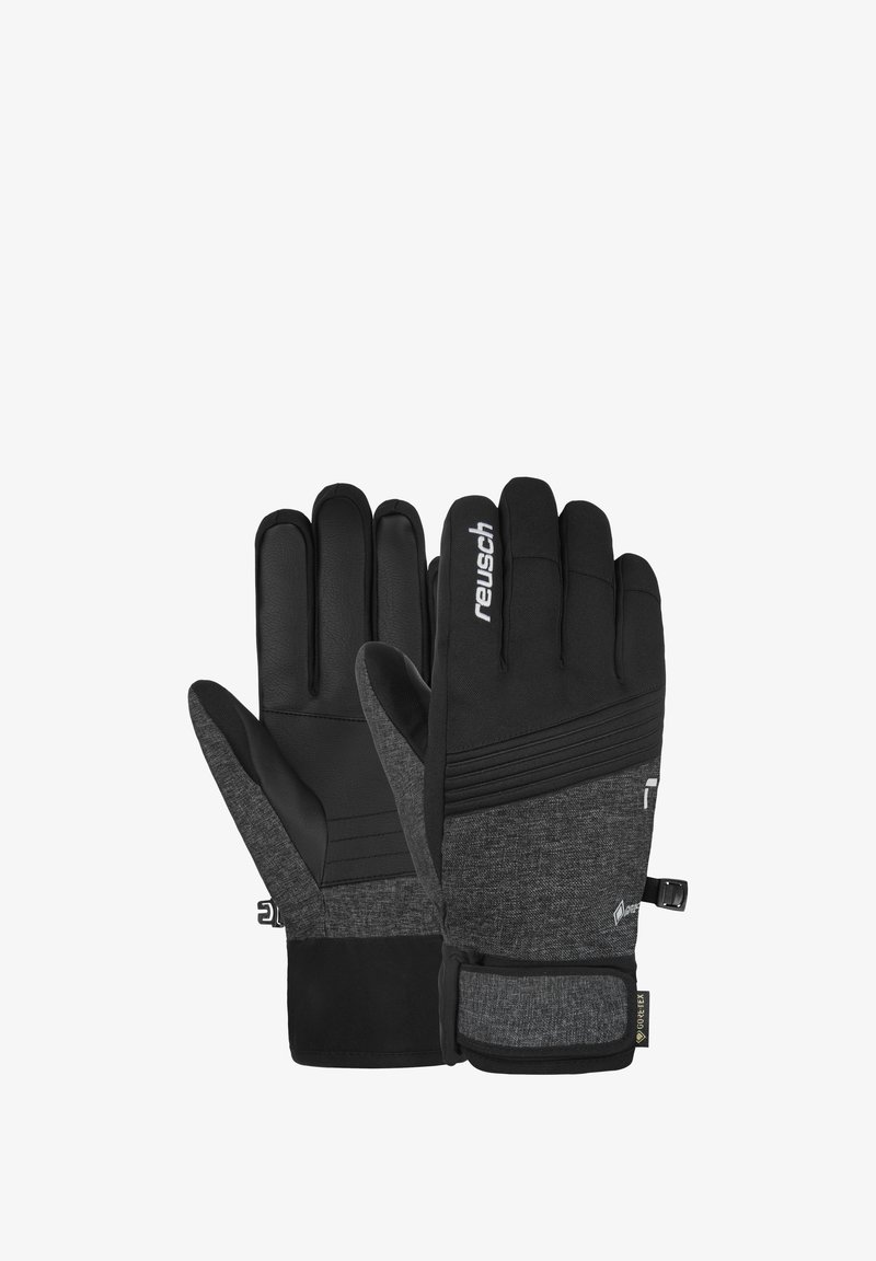 Schwarze und graue isolierte Handschuhe mit einer strukturierten Oberfläche, Lederhandfläche, elastischem Handgelenk und Branding auf der Rückseite.