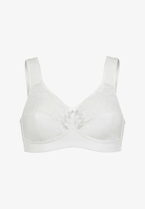Witte bh met een bovenpaneel van kant, een ondersectie van katoen en zachte bandjes. Bevat een bloemig kantpatroon en een klein strikje in het midden.