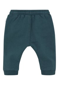 Donker teal babybroek met een elastische tailleband en geribde manchetten, plat weergegeven op een witte achtergrond.