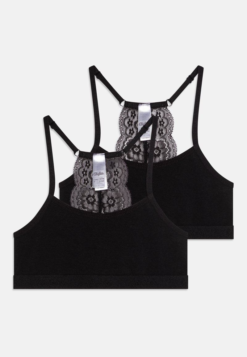 Čierny braletový set s dizajnom čipkového zadného dielu, nastaviteľnými ramienkami a jemnou textúrou látky. Elastický pás na spodnej časti pre podporu.