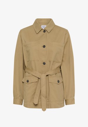 Khaki jas met een knoopsluiting aan de voorkant, kraag, twee borstzakken, tailleband en lange mouwen. Gemaakt van een lichtgewicht stof.