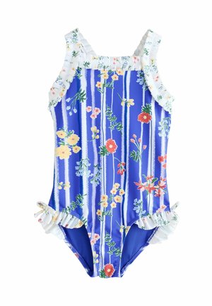 Floral one-piece swimsuit with a blue background, white vertical stripes, and ruffled shoulder straps. Features colorful flower patterns.