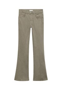 Uppvikta jeans i dämpat olivgrön, tillverkade av en bomullsmix. Har framfickor, knappstängning och sömdetaljer längs sömmarna.