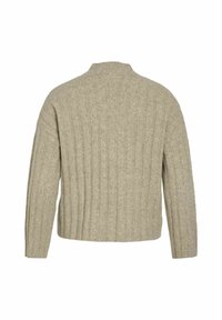 Beige ribbeltrui, gemaakt van een zachte wolmix. Heeft een hoge halslijn, een ontspannen pasvorm en verlaagde schouders met een gestructureerde afwerking.