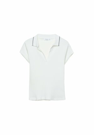 Polo shirt blanc à manches courtes avec texture côtelée, col en V, et finition contrastante noire le long du col. Coupe régulière et tissu doux.