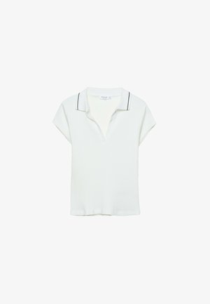 Polo shirt blanc à manches courtes avec texture côtelée, col en V, et finition contrastante noire le long du col. Coupe régulière et tissu doux.