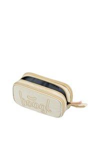 Pencil case na zip v krémové barvě s vystouplým textem "baagl"; obdélníkový tvar; hladký povrch; kontrastní tmavý interiér. Dvojitý zip.