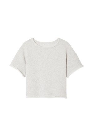 Svijetlosiva kratka majica s kratkim rukavima i okruglim izrezom, s neopremljenim rubovima na rukavima i donjem dijelu.