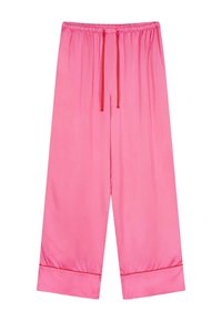 Pantaloni rosa a gamba larga realizzati in un materiale morbido, con una vita elastica e un laccio rosso. Presentano orli piegati ai polsini.