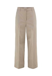 Beige wijde pantalon gemaakt van een gladde stof, met een sluiting aan de voorkant met knopen, twee zijzakken en nette naden.