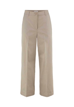 Pantaloni larghi beige realizzati in tessuto morbido, con chiusura frontale a bottone, due tasche laterali e cuciture pulite.