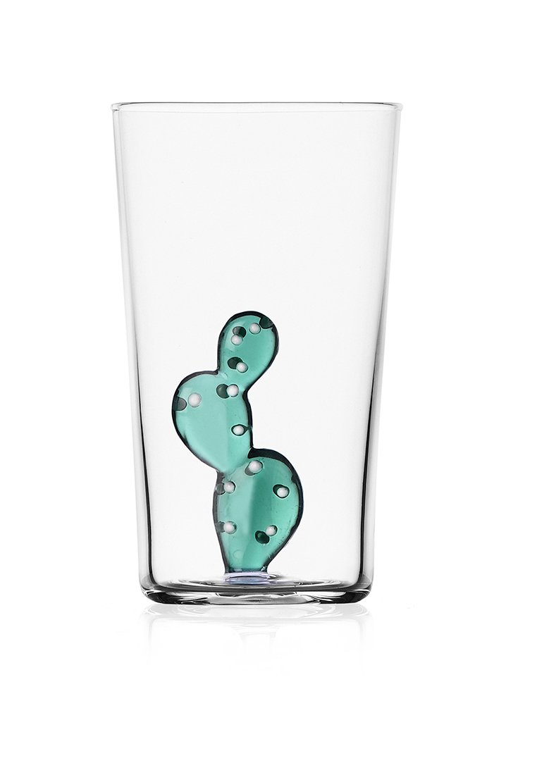 Przezroczysty szklany kubek z turkusowym wzorem kaktusa z kropkami. Gładka szklana powierzchnia, prosta cylindryczna forma, eksponująca zielone i przezroczyste elementy.
