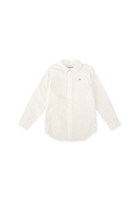 Camisa blanca de manga larga con pequeños puntos multicolores, cierre de botones en el frente, cuello puntiagudo y un sutil logo bordado en el pecho.