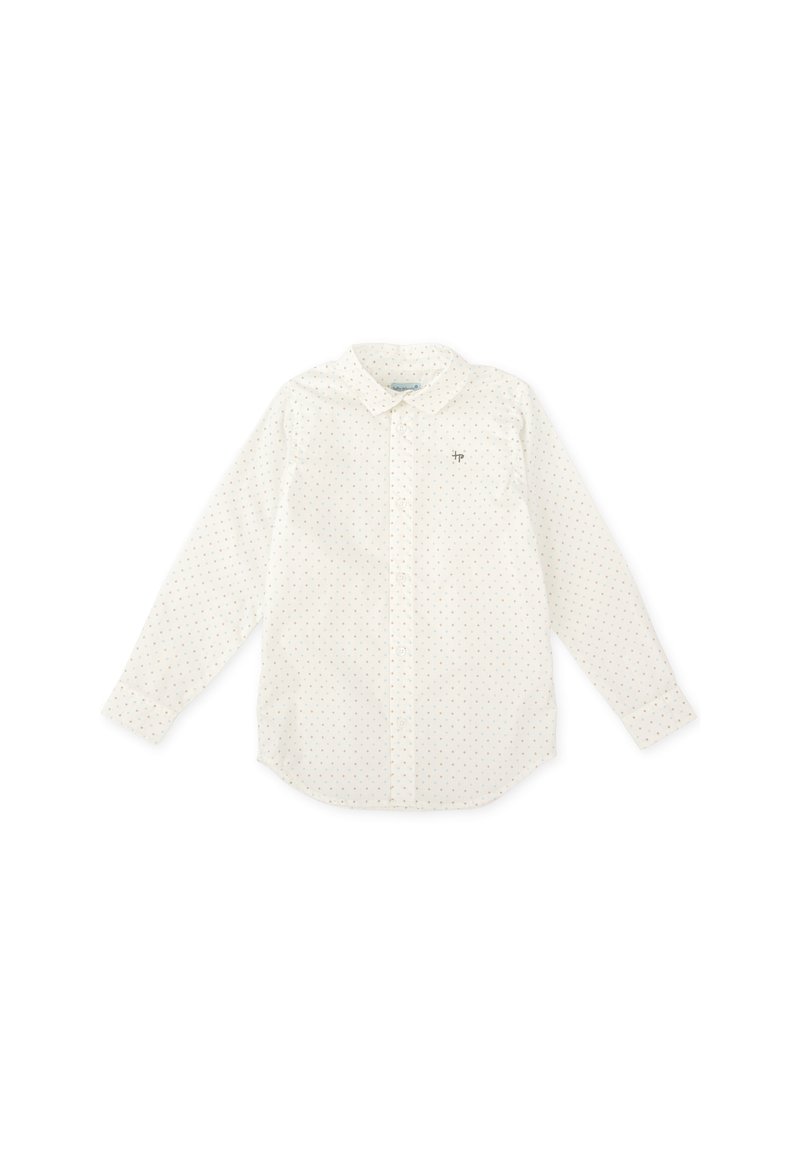 Camisa blanca de manga larga con pequeños puntos multicolores, cierre de botones en el frente, cuello puntiagudo y un sutil logo bordado en el pecho.