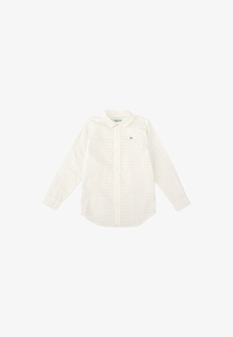 Camisa blanca de manga larga con pequeños puntos multicolores, cierre de botones en el frente, cuello puntiagudo y un sutil logo bordado en el pecho.