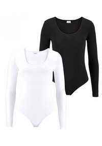 Dos bodysuits de manga larga en negro y blanco. Ambos presentan un escote redondo, tela suave y una forma ajustada con un respaldo tipo tanga.