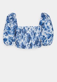 Blauw-wit geblommere smock crop top met opgezette driekwartmouwen en een vierkante halslijn.