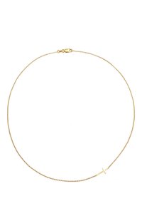 Gouden ketting met een delicaat schakeltje en een kleine, eenvoudige kruispendant. Lichtgewicht met een gepolijste afwerking. Sluiting met een kreeftsluiting.
