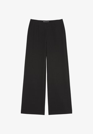 Črne široke hlače iz mehkega materiala, z ravnim sprednjim delom, minimalnim šivanjem in brez vidnih žepov ali okraskov.