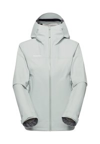 Αδιάβροχο μπουφάν ανοιχτού γκρι χρώματος με κουκούλα, πλήρες φερμουάρ μπροστά, πλαϊνές τσέπες με φερμουάρ και ρυθμιζόμενα λουράκια στον καρπό, σχεδιασμένο για εξωτερική χρήση.