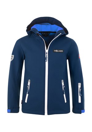 Navy softshell jacket featuring a central white zipper, two side zip pockets, and contrasting blue accents on the hood and cuffs.