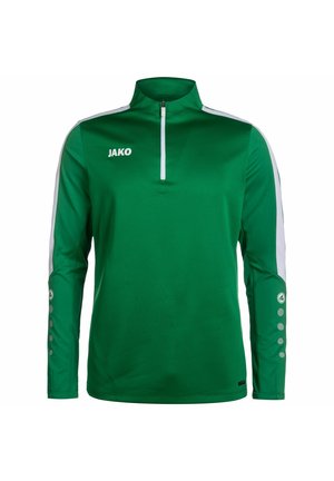 Groene sportieve lange mouwen top met hoge kraag, witte zijkanten en JAKO-logo. Beschikt over een gestructureerde stof en knoopaccenten op de mouwen.