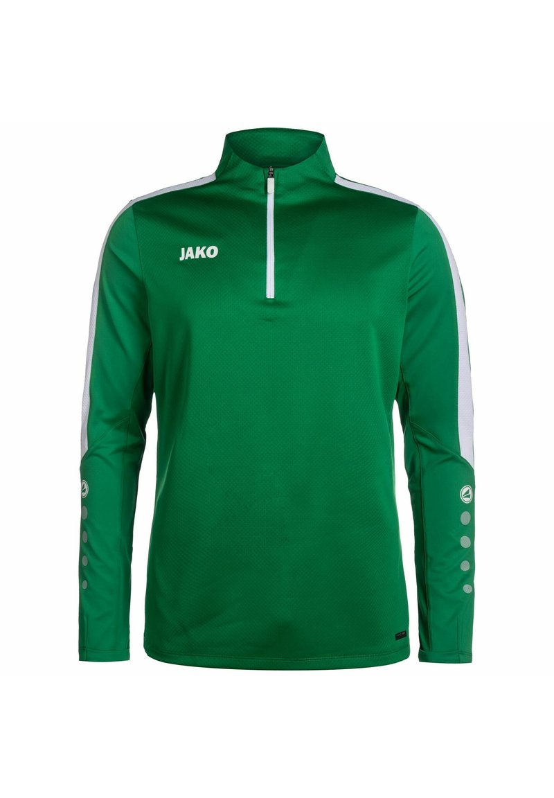 Groene sportieve lange mouwen top met hoge kraag, witte zijkanten en JAKO-logo. Beschikt over een gestructureerde stof en knoopaccenten op de mouwen.