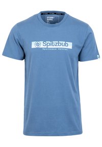 Blaues Baumwoll-T-Shirt mit einem weißen Logo und dem Text "Spitzbub" sowie "Sportswear Edition." Rundhalsausschnitt, kurze Ärmel und normale Passform.