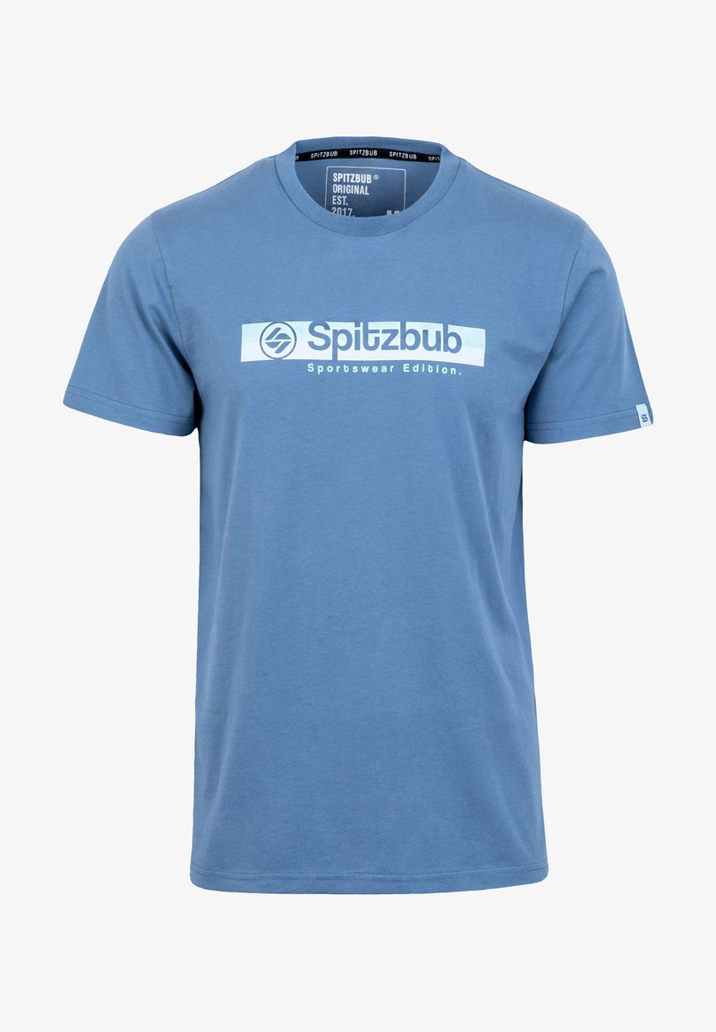 Blauwe katoenen t-shirt met een wit logo en de tekst "Spitzbub" en "Sportswear Edition." Ronde halslijn, korte mouwen en een standaard pasvorm.