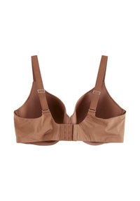 Brown bra with seamless cups, adjustable straps, and a hook-and-eye closure at the back. Smooth texture and minimalistic design.