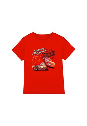 Red children's T-shirt featuring animated race car Lightning McQueen with number 95 and Rust-eze branding on front.